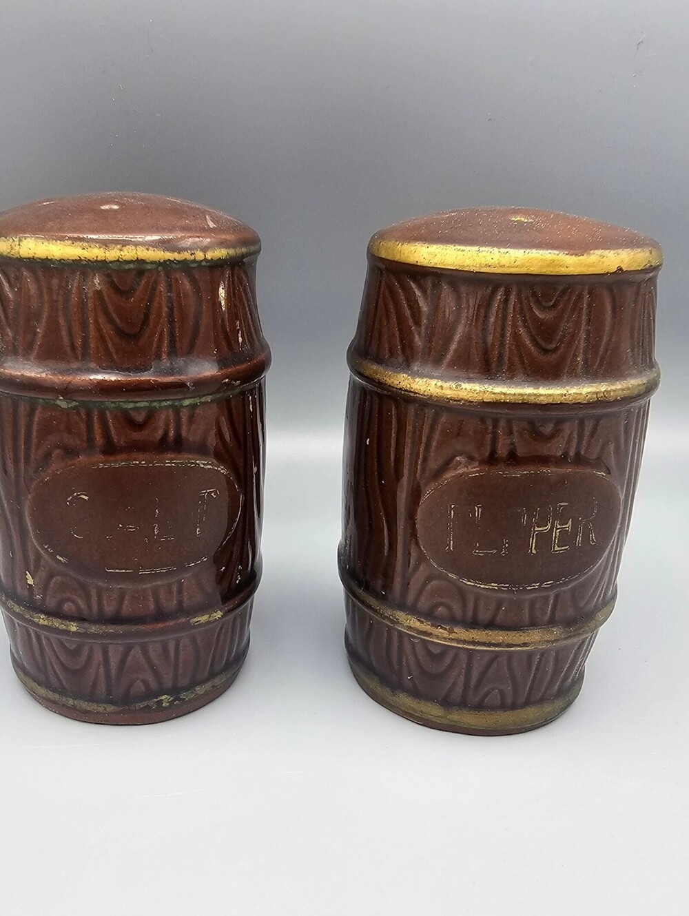 Vintage Ceramic Salt and Pepper Shakers Brown Barrel Design